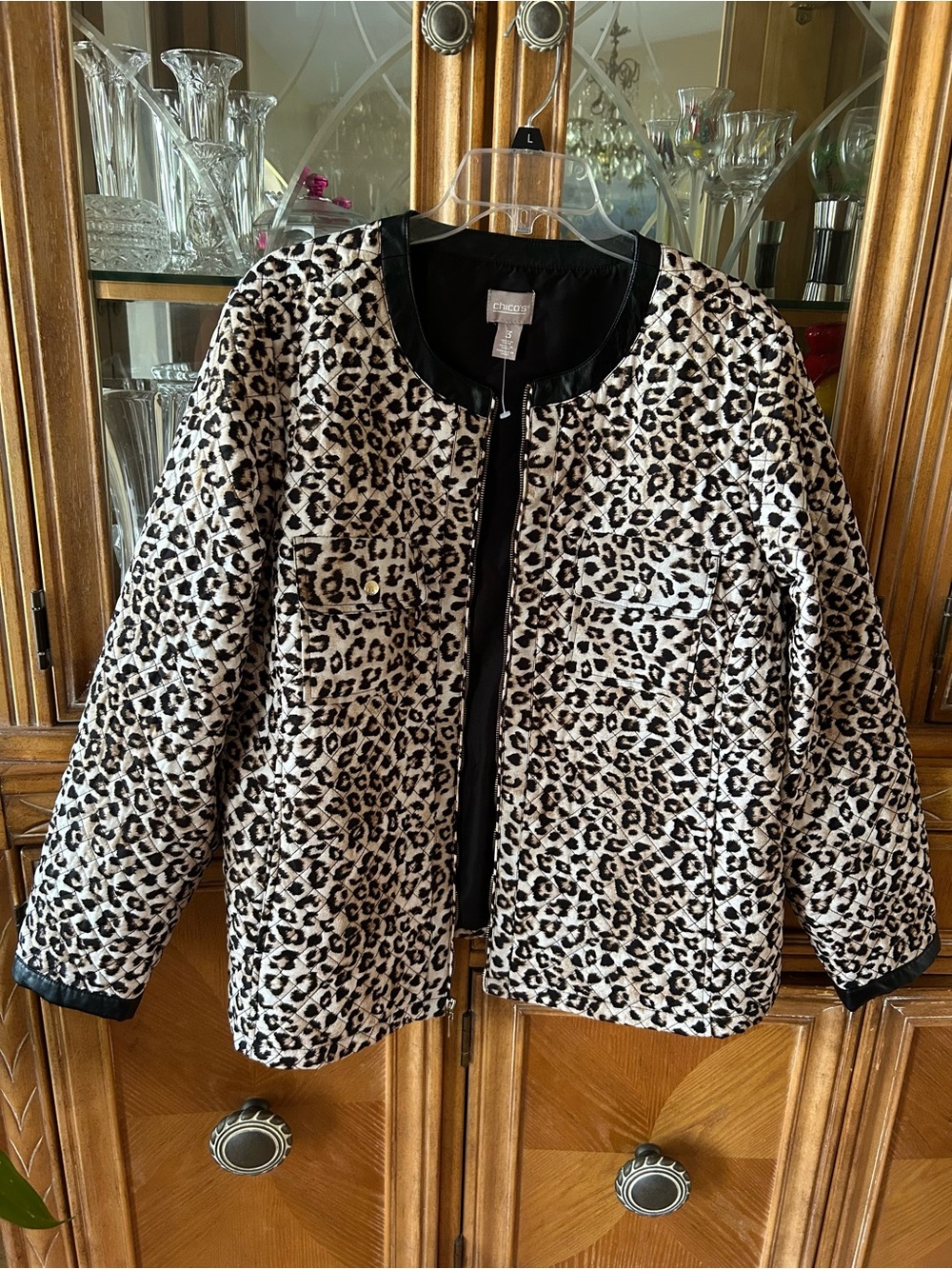 Chico's Leopard-Print Quilted Jacket - Black & Cream